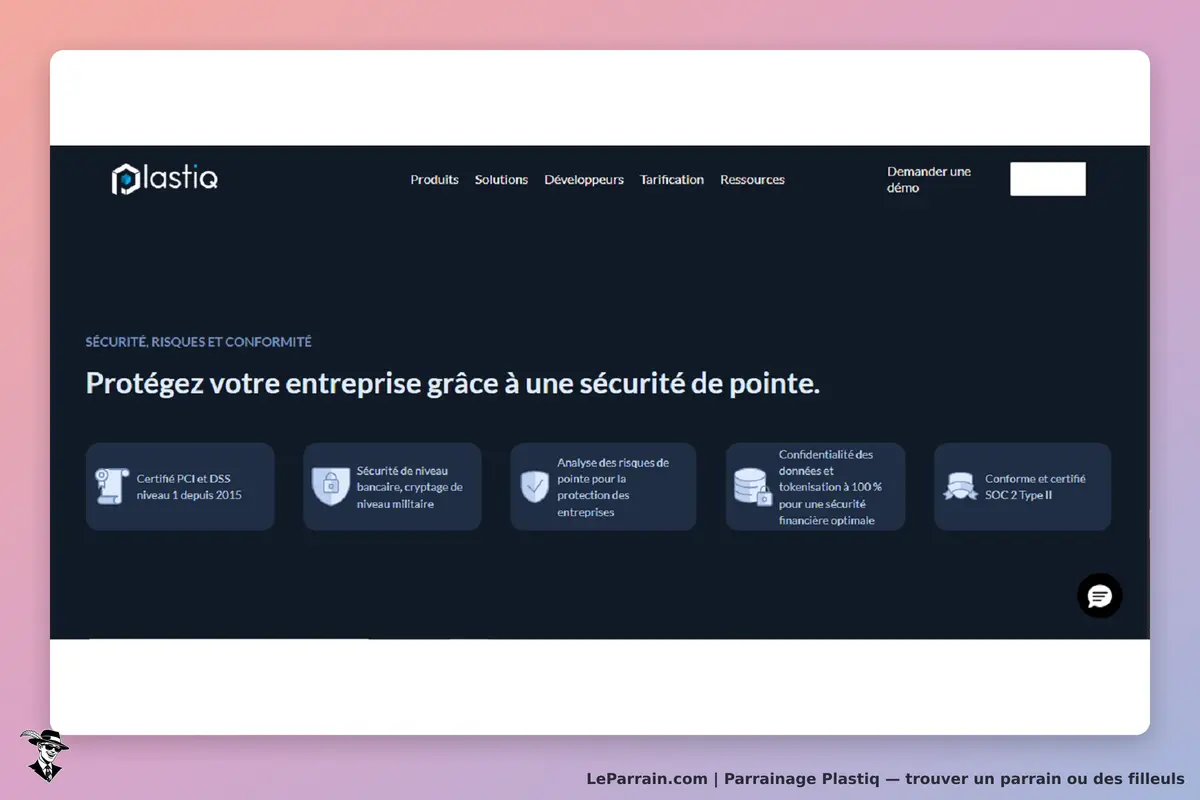 Plastiq : page d'accueil présentant des solutions de sécurité pour entreprises