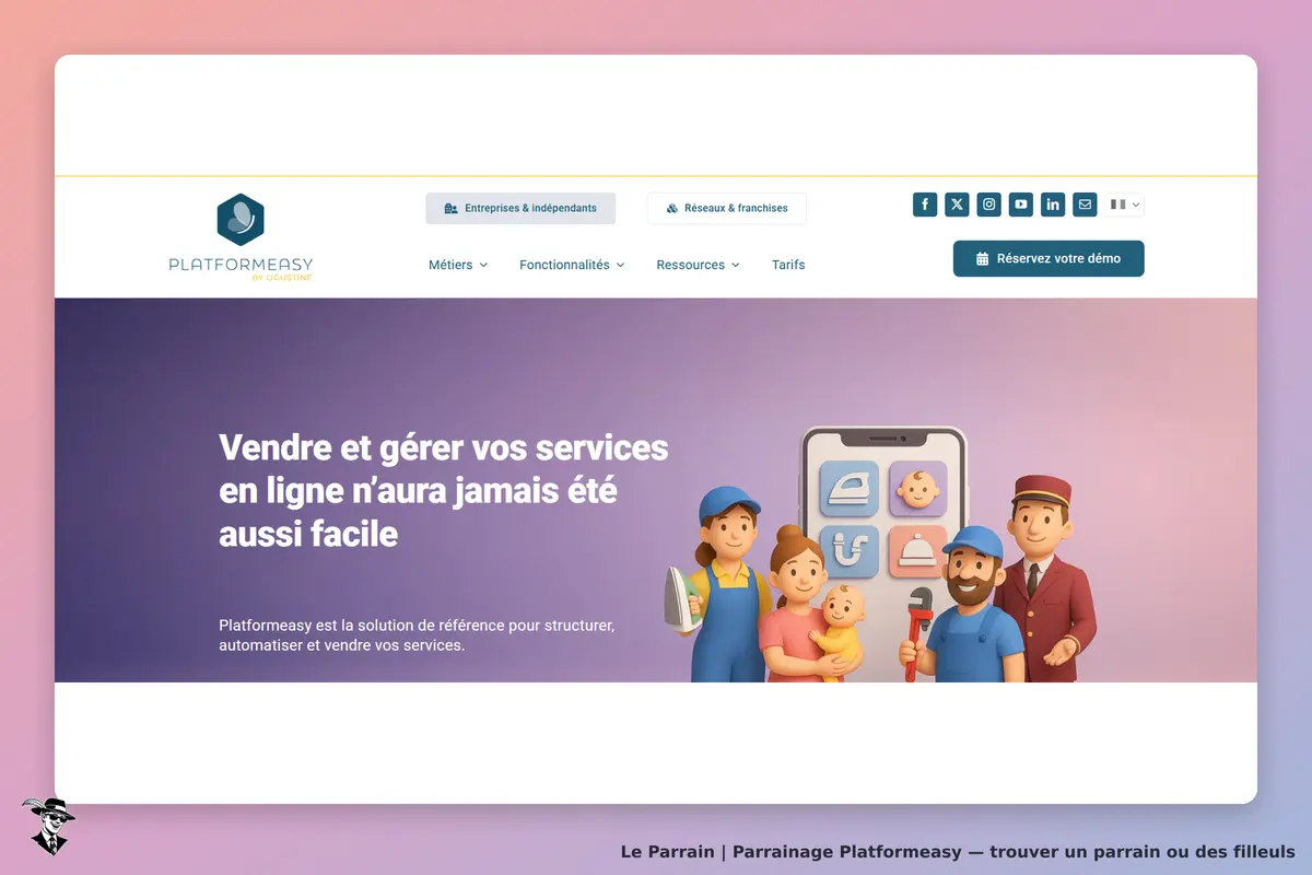 Platformeasy : page d'accueil avec personnages et téléphone affichant des icônes de services