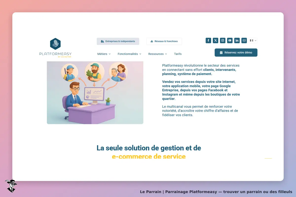 Platformeasy : page d'accueil avec illustration d'un homme devant un ordinateur et des services