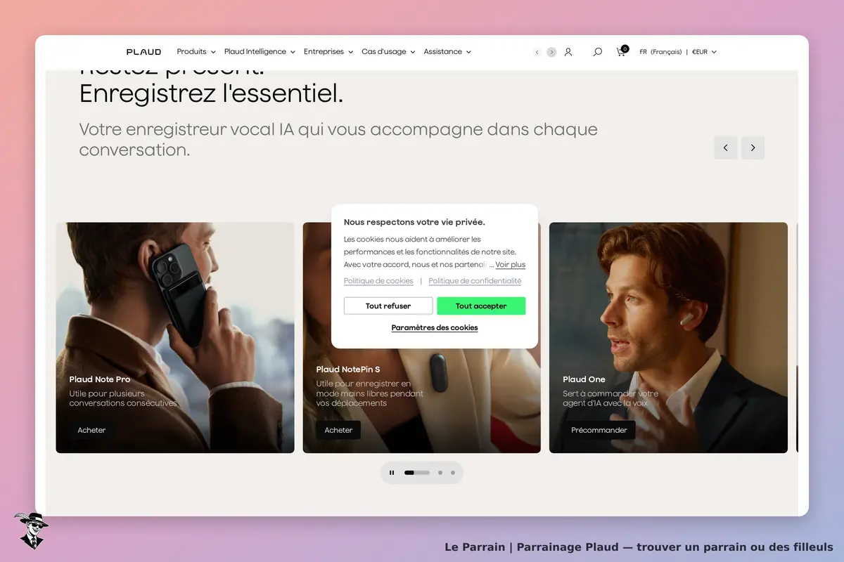 Plaud : page d'accueil présentant trois enregistreurs vocaux avec descriptions et boutons d'action