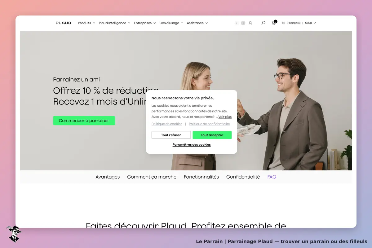 Plaud : page d'accueil avec un formulaire de parrainage et un message sur la vie privée
