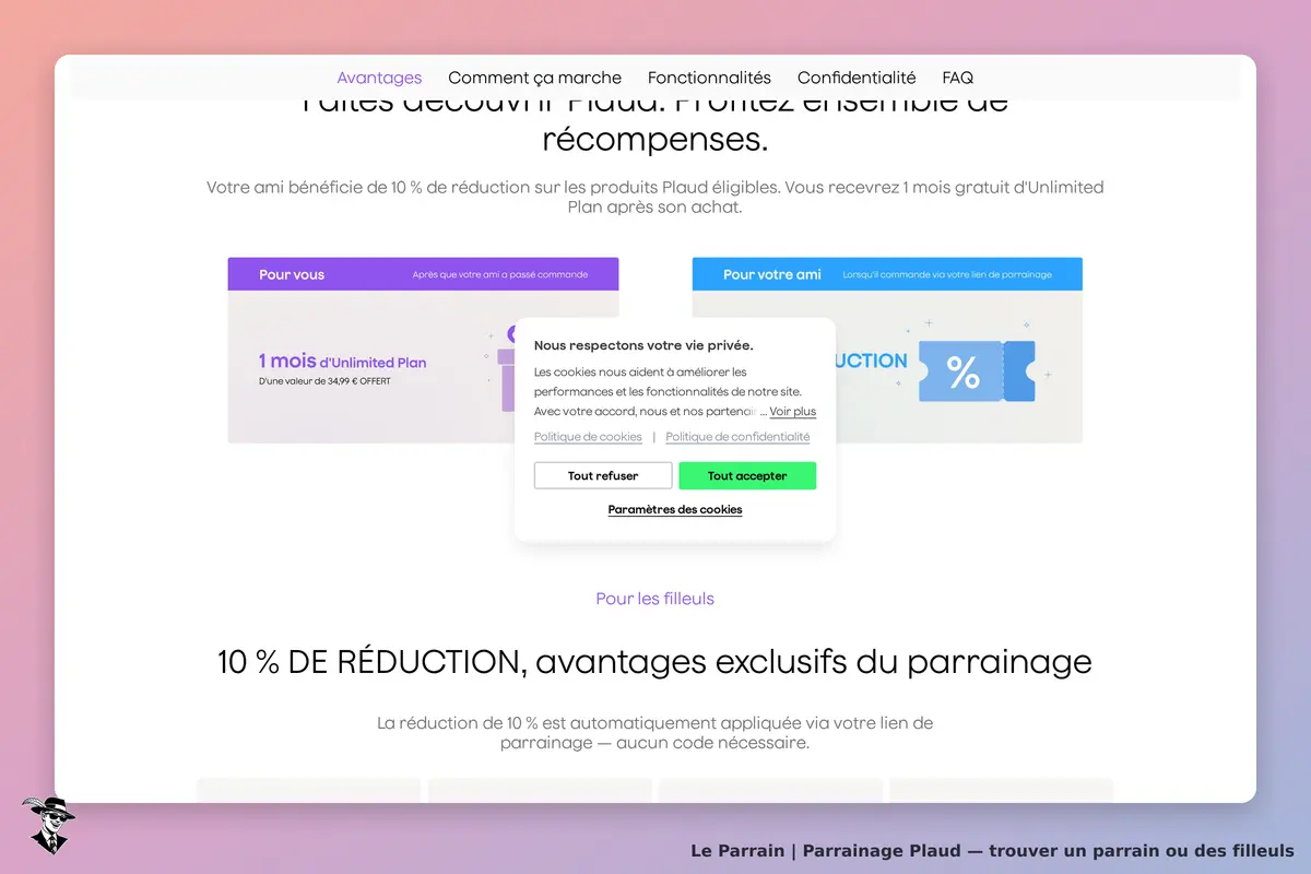 Plaud : page d'accueil avec informations sur les réductions et le parrainage