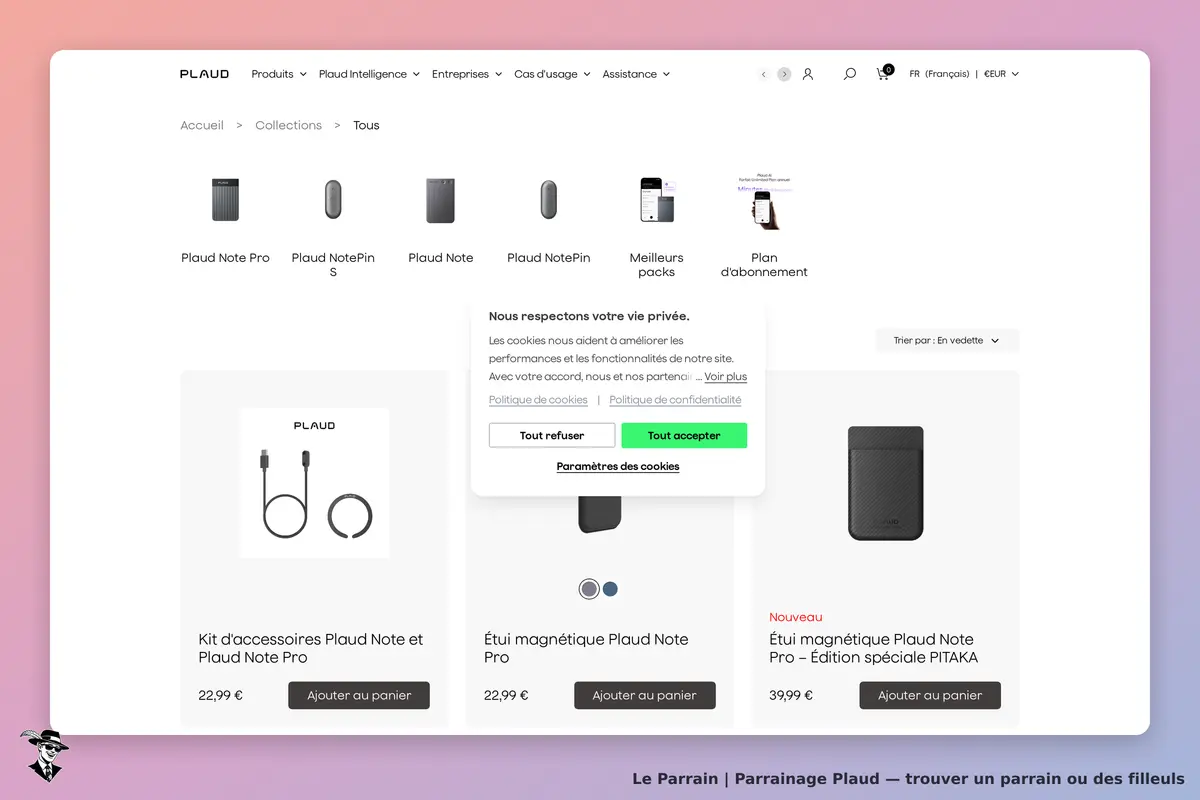 Plaud : affichage de produits avec options d'ajout au panier et message sur la vie privée