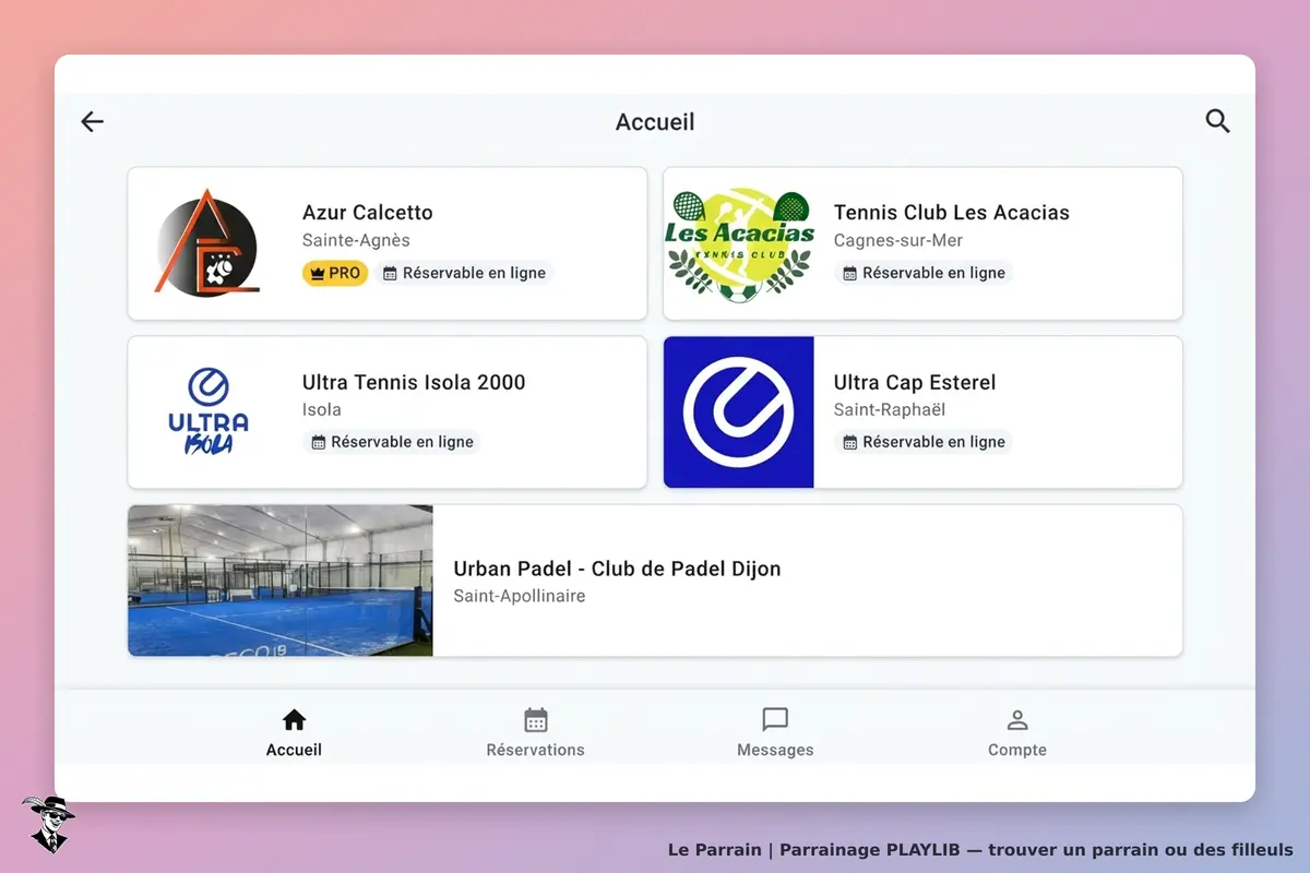 PLAYLIB : page d'accueil avec plusieurs clubs de sport et options de réservation en ligne