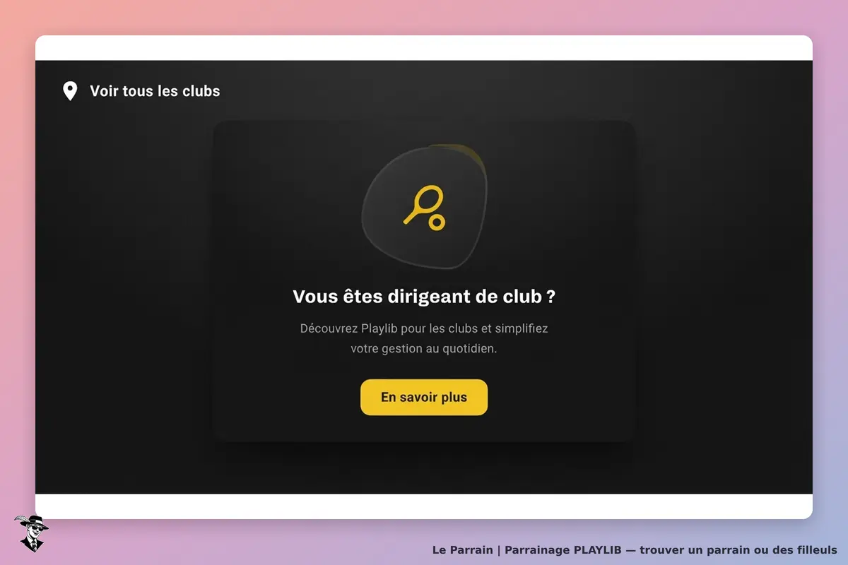 PLAYLIB : page d'accueil avec un message pour les dirigeants de club et un bouton "En savoir plus"