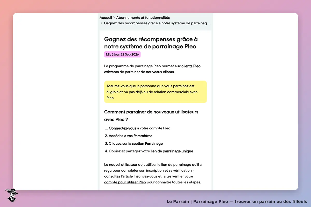Pleo : page sur le programme de parrainage avec instructions et mises à jour
