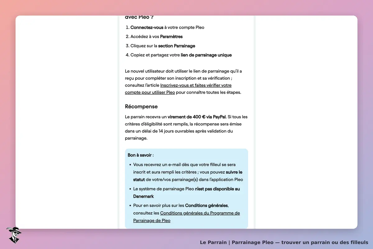 Pleo : instructions pour participer au programme de parrainage et informations sur la récompense