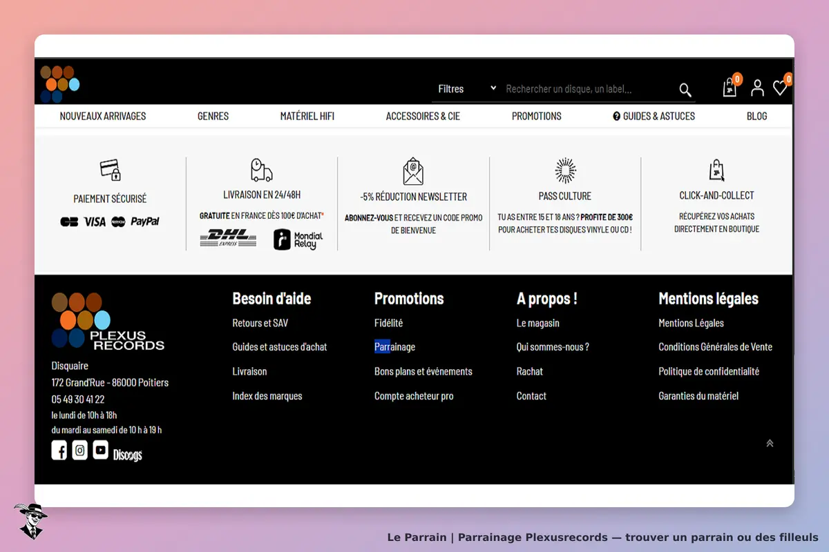 Plexusrecords : plexus Records : menu de navigation avec options de paiement, livraison et aide en