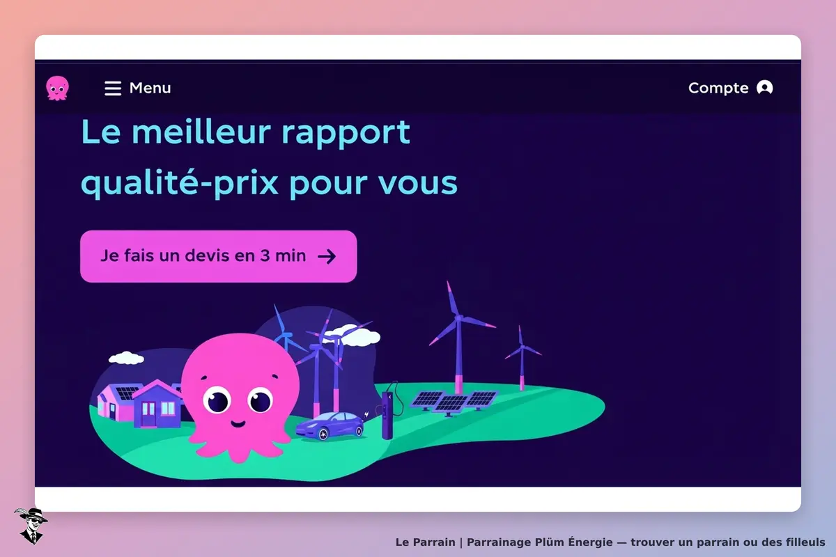 Plüm Énergie : page d'accueil avec un personnage octopus et des éléments énergétiques renouvelables