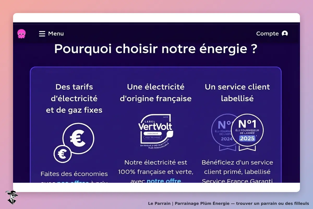 Plüm Énergie : section "Pourquoi choisir notre énergie ?" avec trois critères affichés