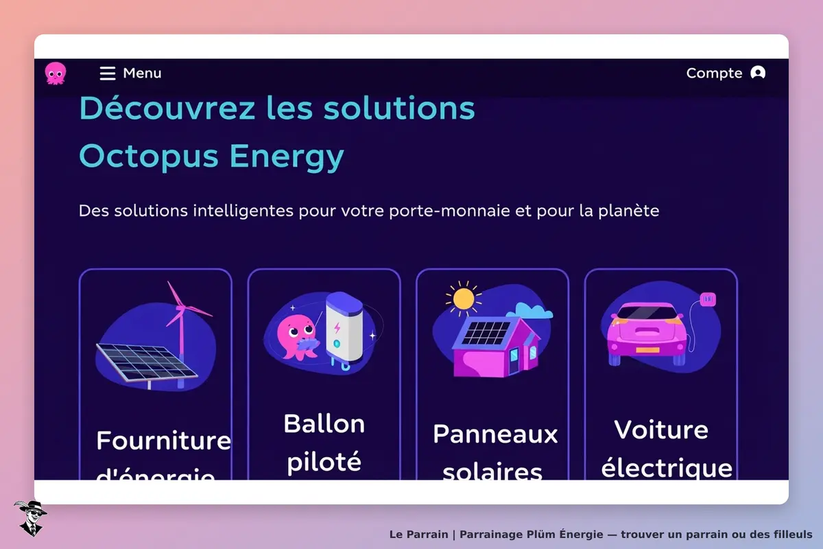 Plüm Énergie : page d'accueil présentant des solutions énergétiques avec illustrations colorées