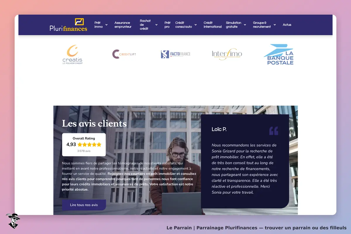 Plurifinances : page d'accueil avec avis clients et témoignage sur un service de prêt immobilier