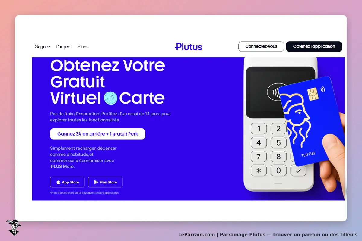 Plutus : page d'accueil présentant une carte virtuelle et un terminal de paiement