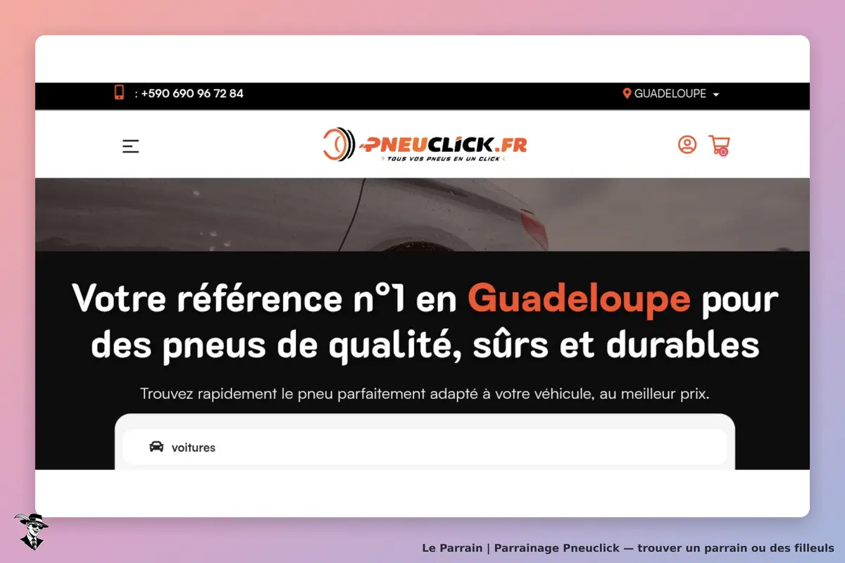Pneuclick : page d'accueil avec un slogan sur les pneus en Guadeloupe et un champ de recherche