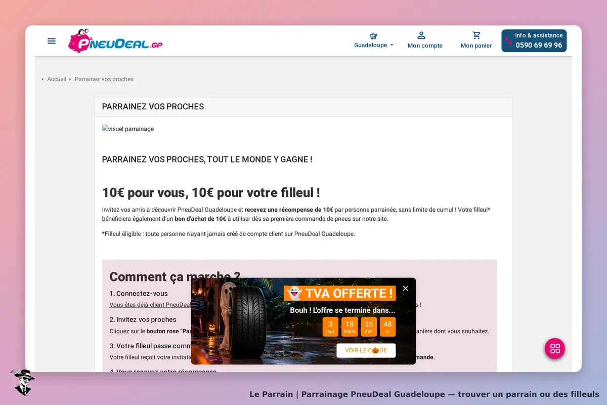 Page parrainage de PneuDeal Guadeloupe