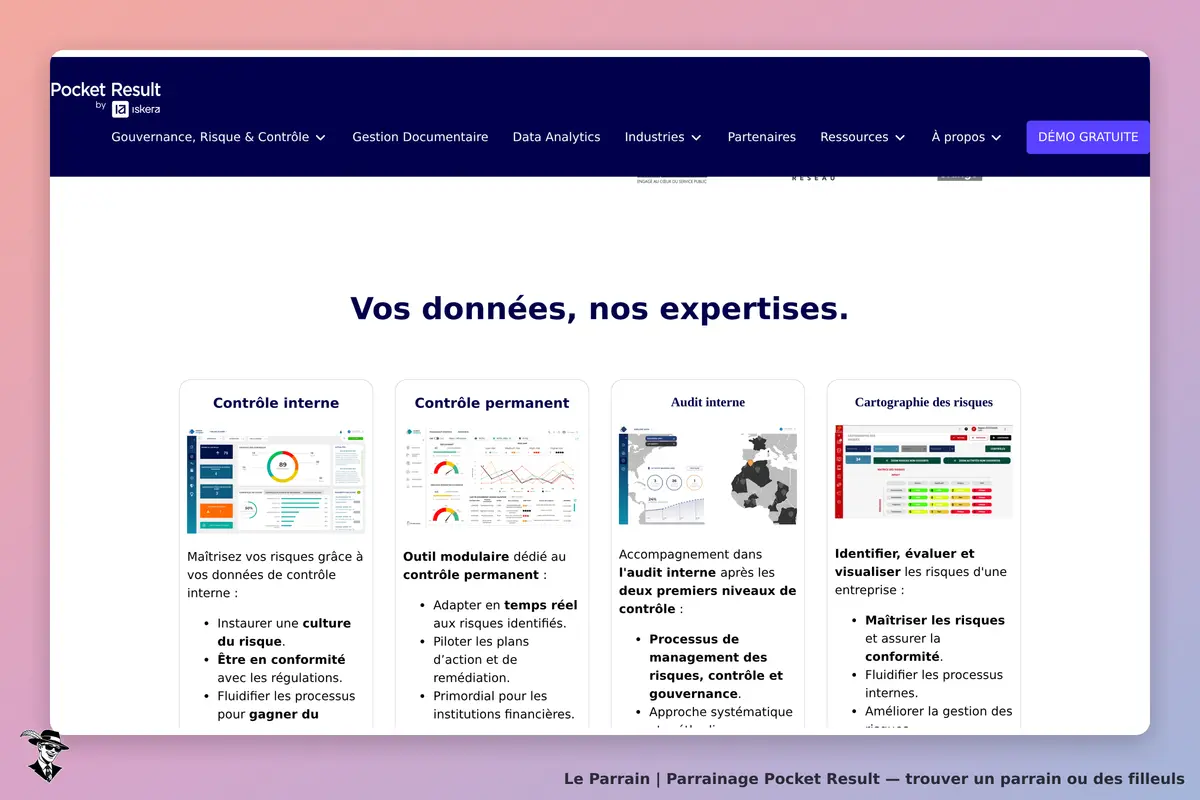 Pocket Result : page d'accueil présentant des services liés à la gouvernance et au contrôle