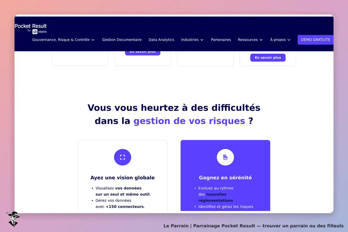 Pocket Result : page d'accueil avec conseils sur la gestion des risques et fonctionnalités