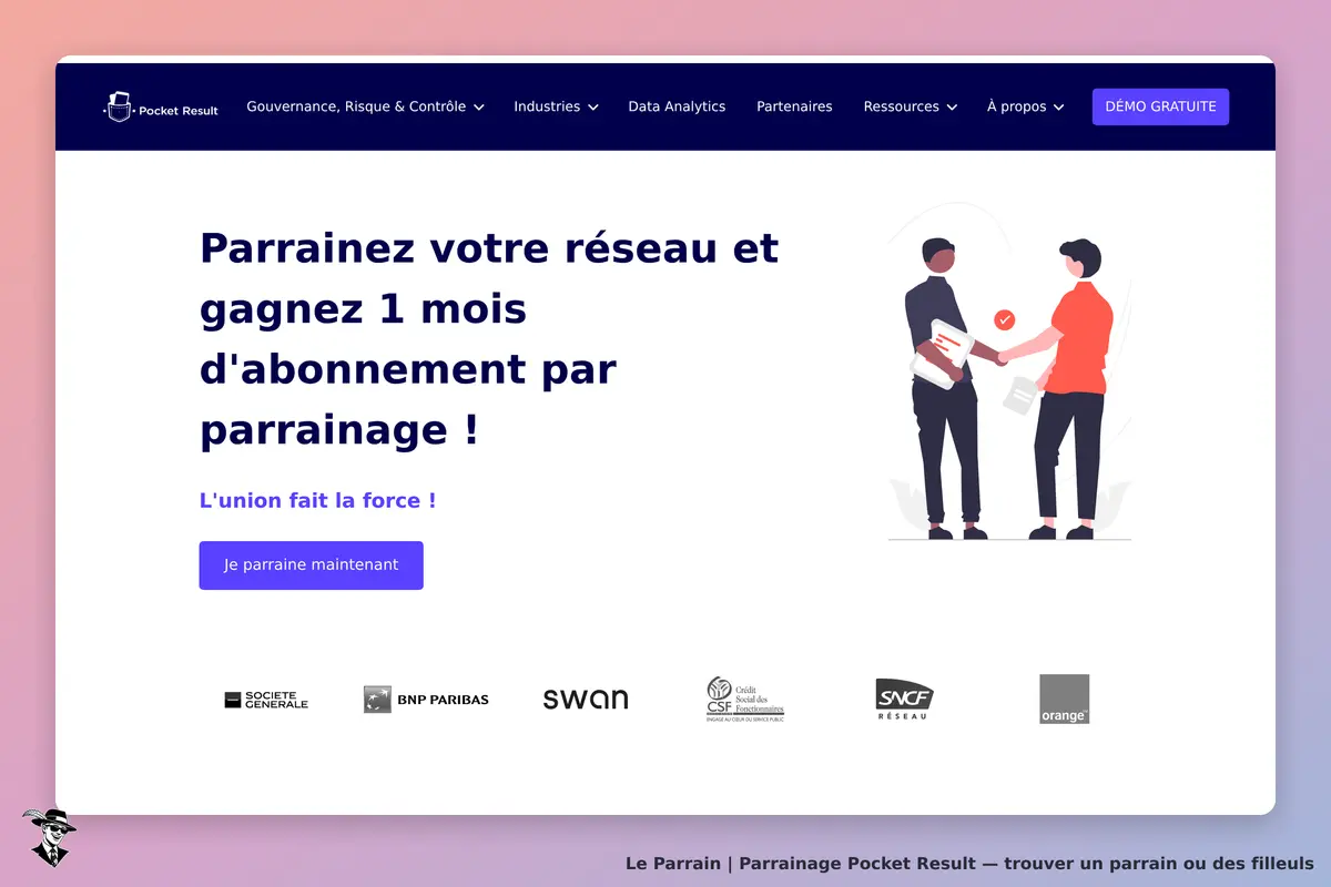 Pocket Result : page d'accueil avec un message sur le parrainage et une illustration de deux