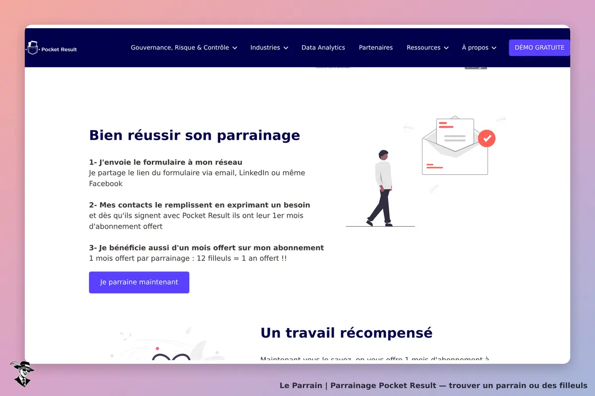 Pocket Result : section sur le parrainage avec étapes et bouton d'action pour parrainer