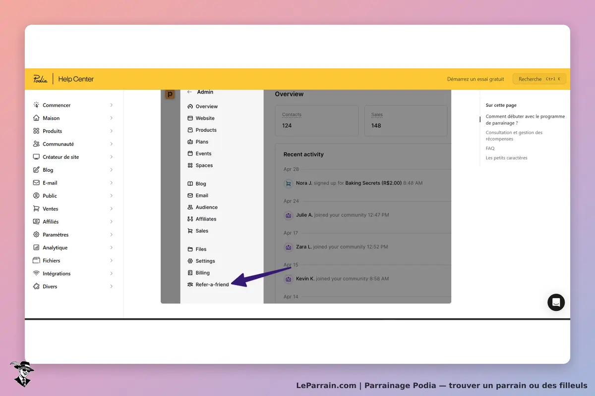 Podia : interface du centre d'aide avec menu latéral et section d'activité récente
