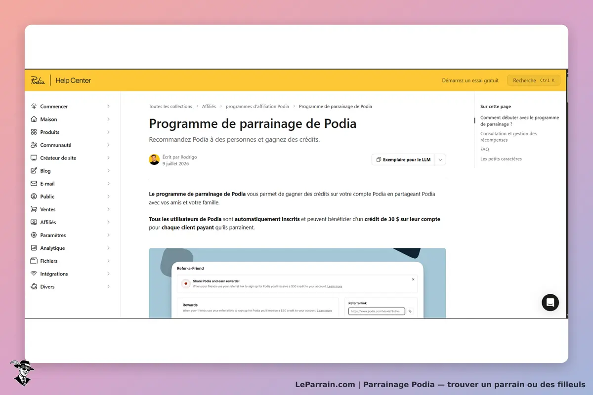 Podia : page d'aide sur le programme de parrainage avec informations et lien de référence