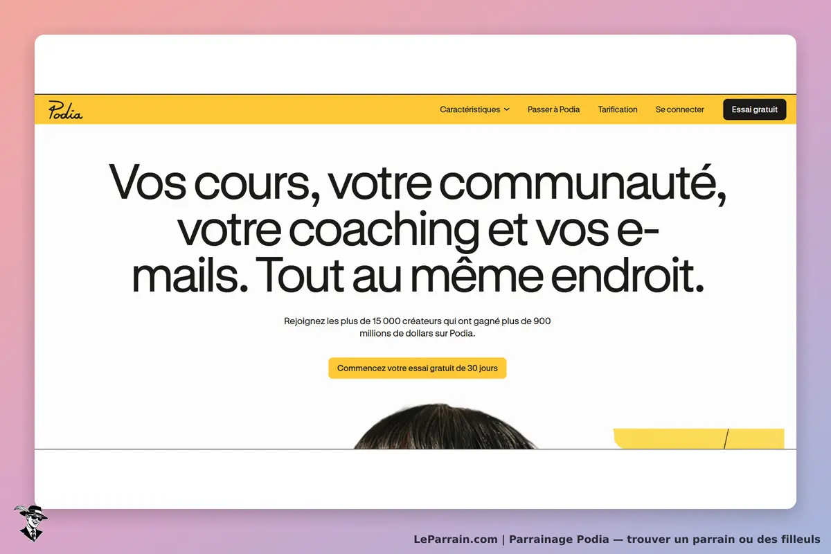 Podia : page d'accueil avec texte sur les cours, communauté et essai gratuit de 30 jours