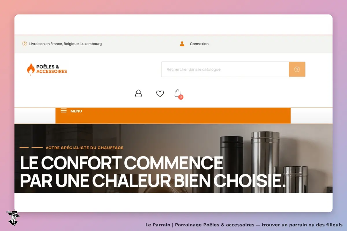 Poêles & accessoires : page d'accueil avec logo et slogan sur le confort du chauffage