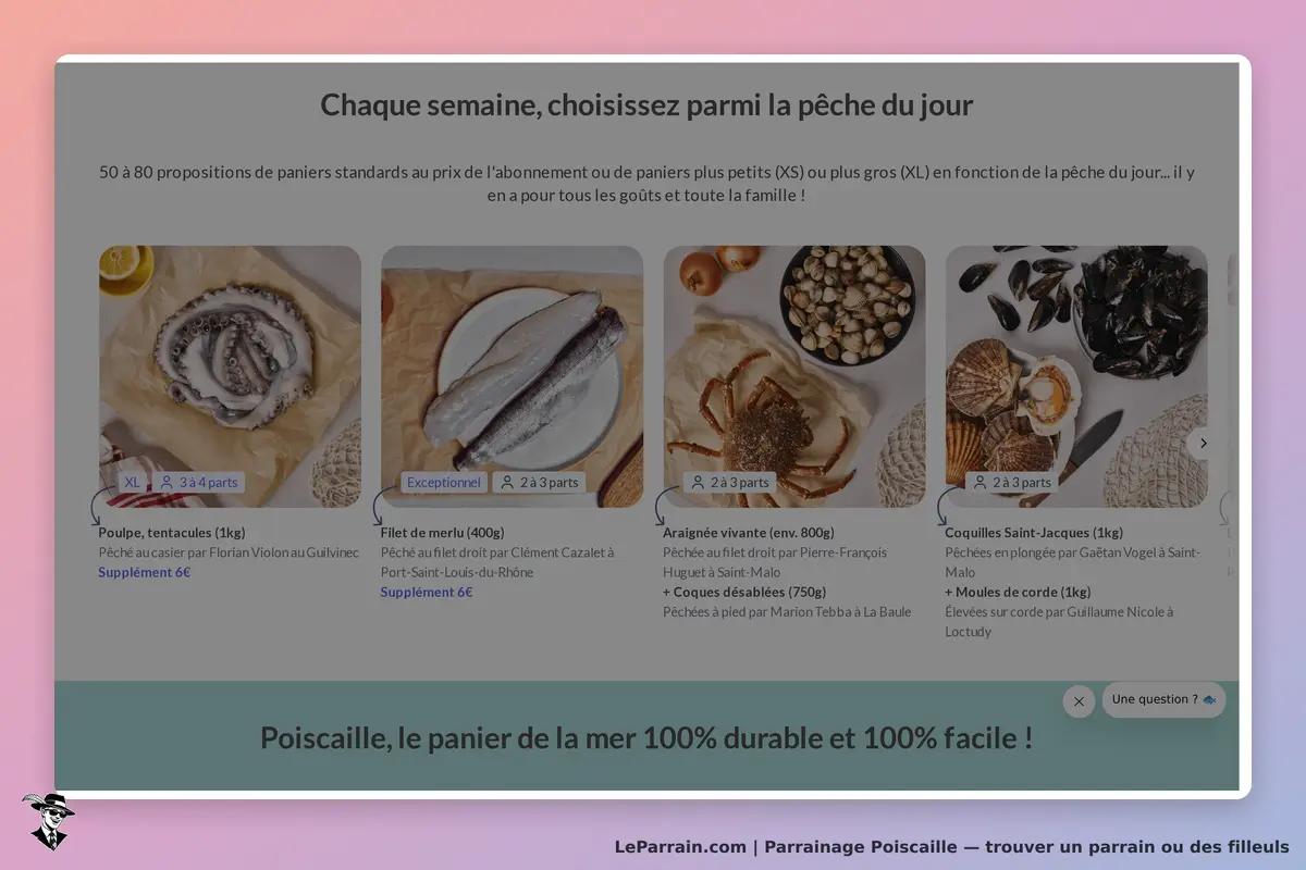 Poiscaille : sélection de produits de la mer avec descriptions et poids sur fond clair