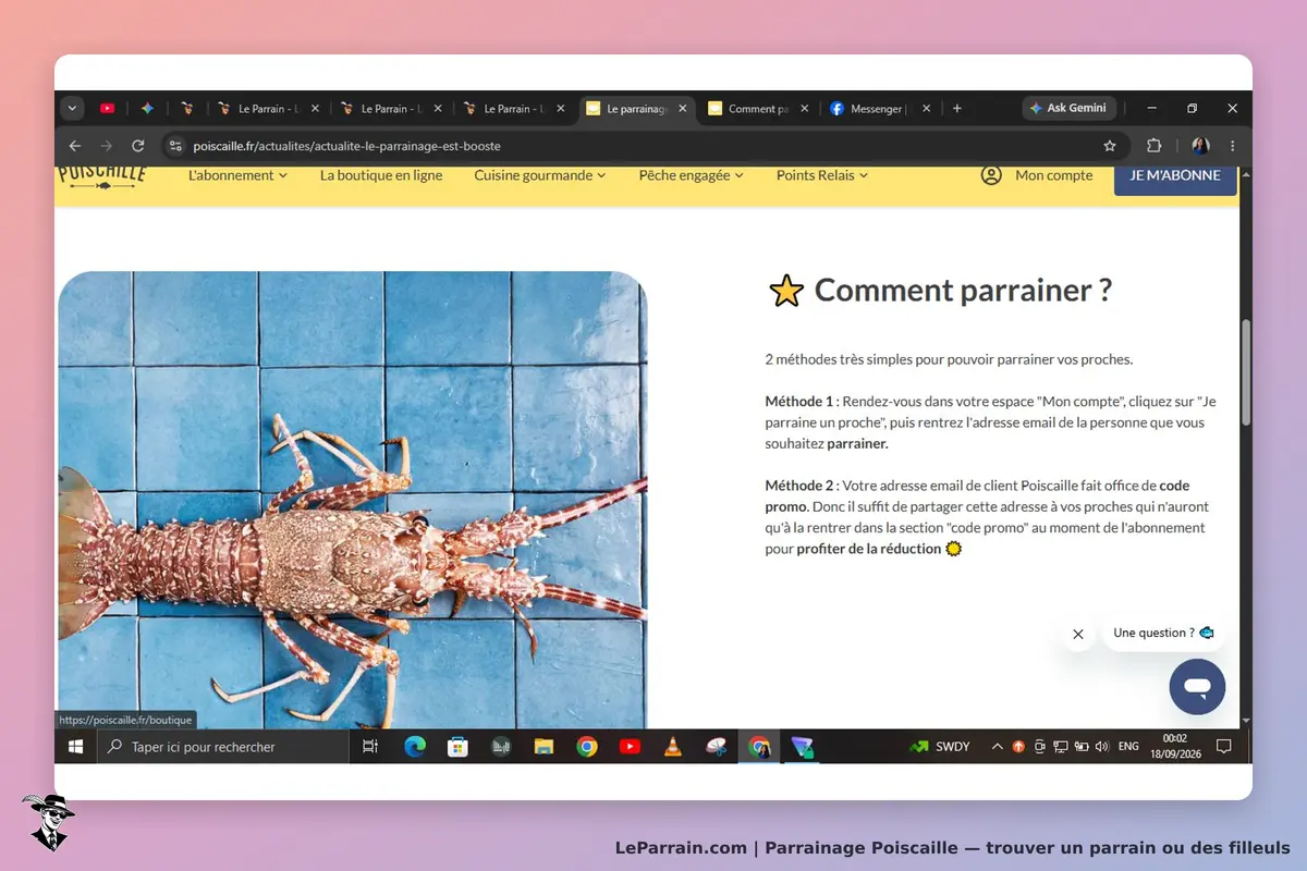 Poiscaille : capture d'écran expliquant comment parrainer avec un homard en premier plan