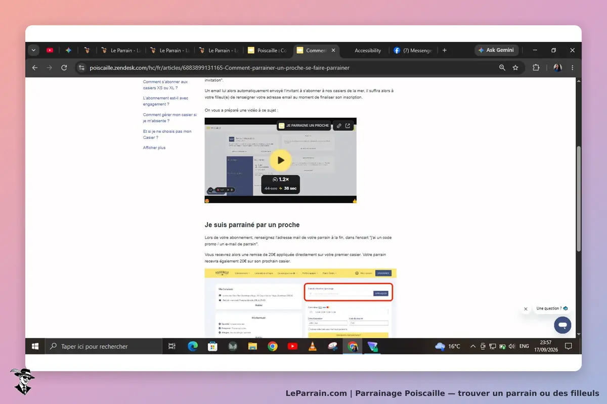 Poiscaille : capture d'écran d'un article avec vidéo et section sur le parrainage