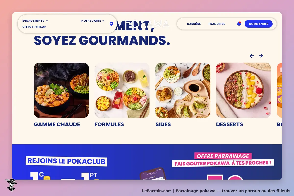 Pokawa : page d'accueil présentant des plats chauds, formules, sides et desserts