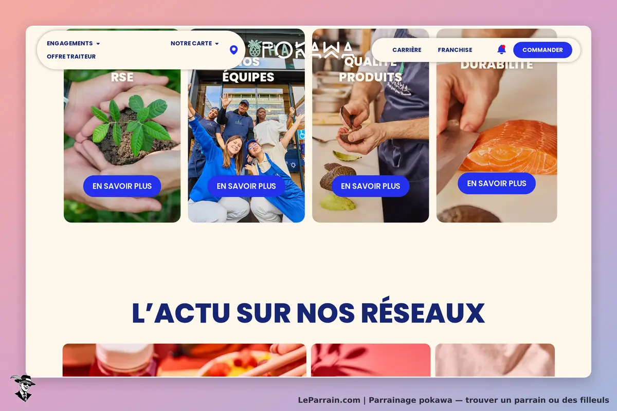 pokawa : page d'accueil avec sections sur engagements, équipes et qualité des produits