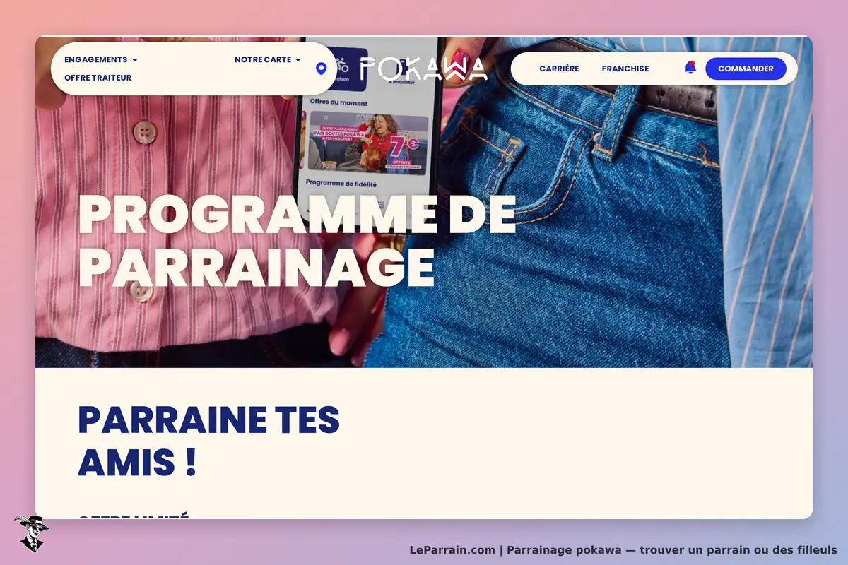 Pokawa : page d'accueil présentant le programme de parrainage avec des vêtements en arrière-plan