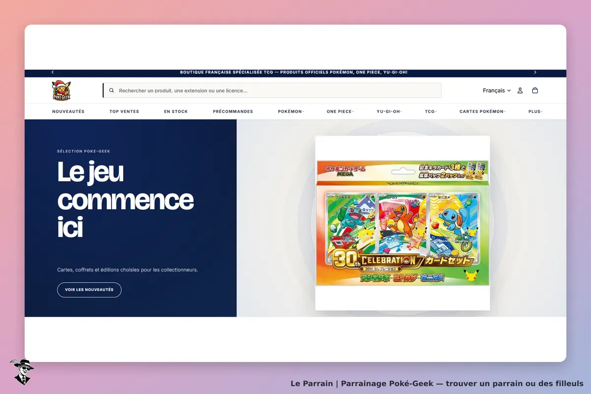Poké-Geek : page d'accueil avec un coffret de cartes Pokémon et un message d'introduction