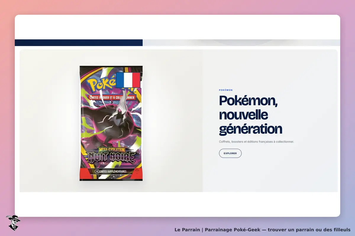 Poké-Geek : affichage d'un booster Pokémon "Nuit Noire" avec texte d'introduction
