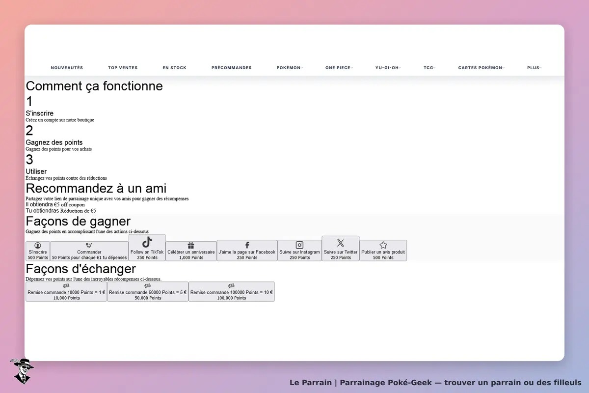 Poké-Geek : section expliquant le fonctionnement du parrainage et les façons de gagner des points