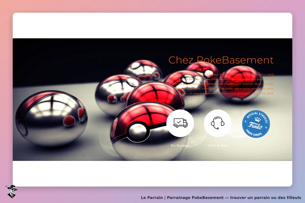 PokeBasement : plusieurs Pokéballs brillantes sur un fond sombre avec des options de contact