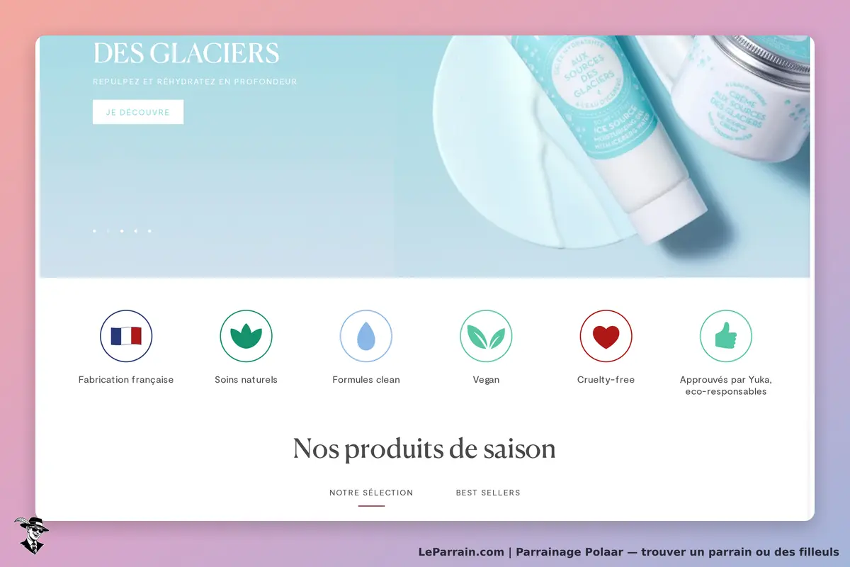 Polaar : page d'accueil avec produits et icônes sur soins naturels et fabrication française