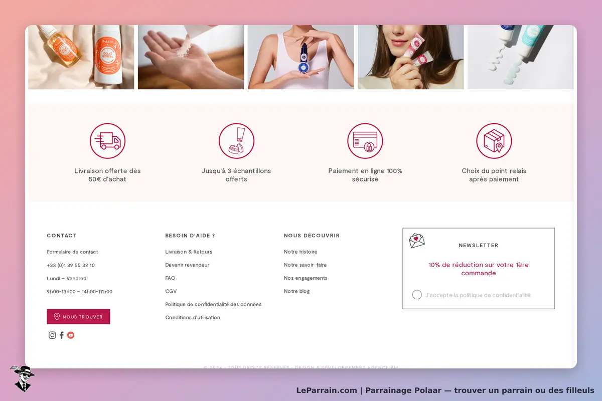 Polaar : section inférieure du site avec produits, informations et inscription à la newsletter