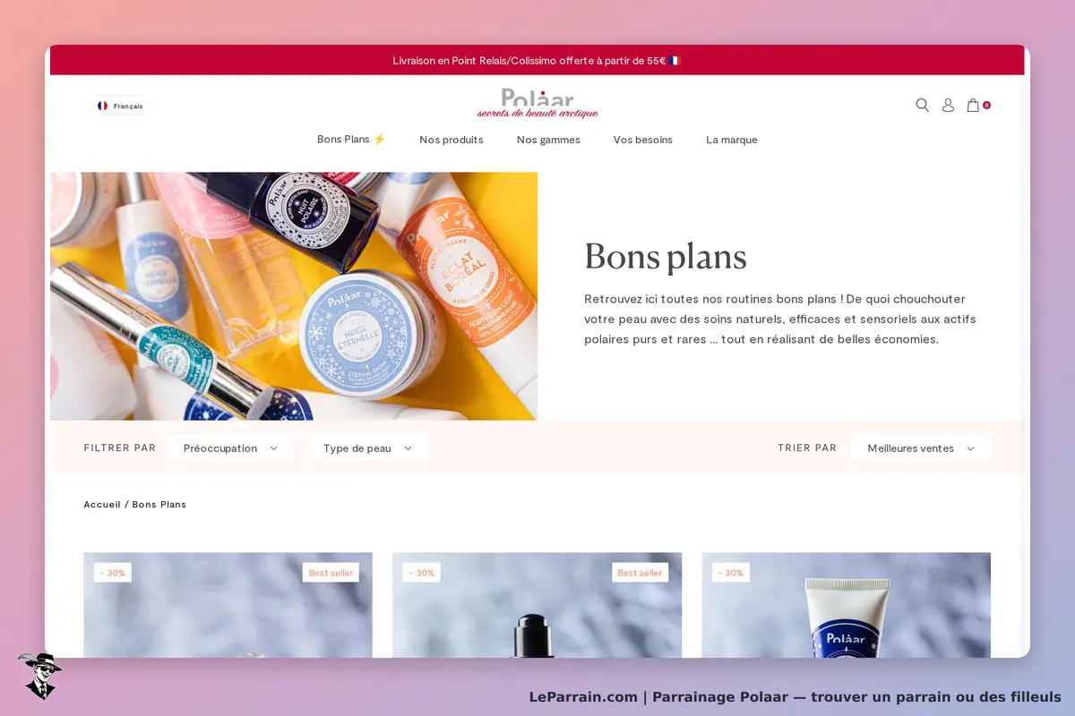 Polaar : page "Bons plans" avec divers produits cosmétiques en présentation colorée