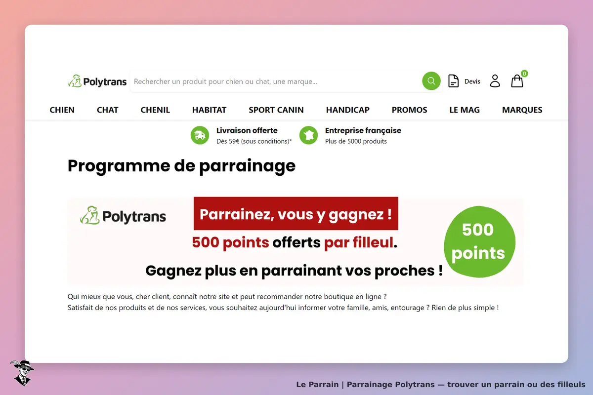 Polytrans : page d'accueil avec programme de parrainage et mention de 500 points offerts