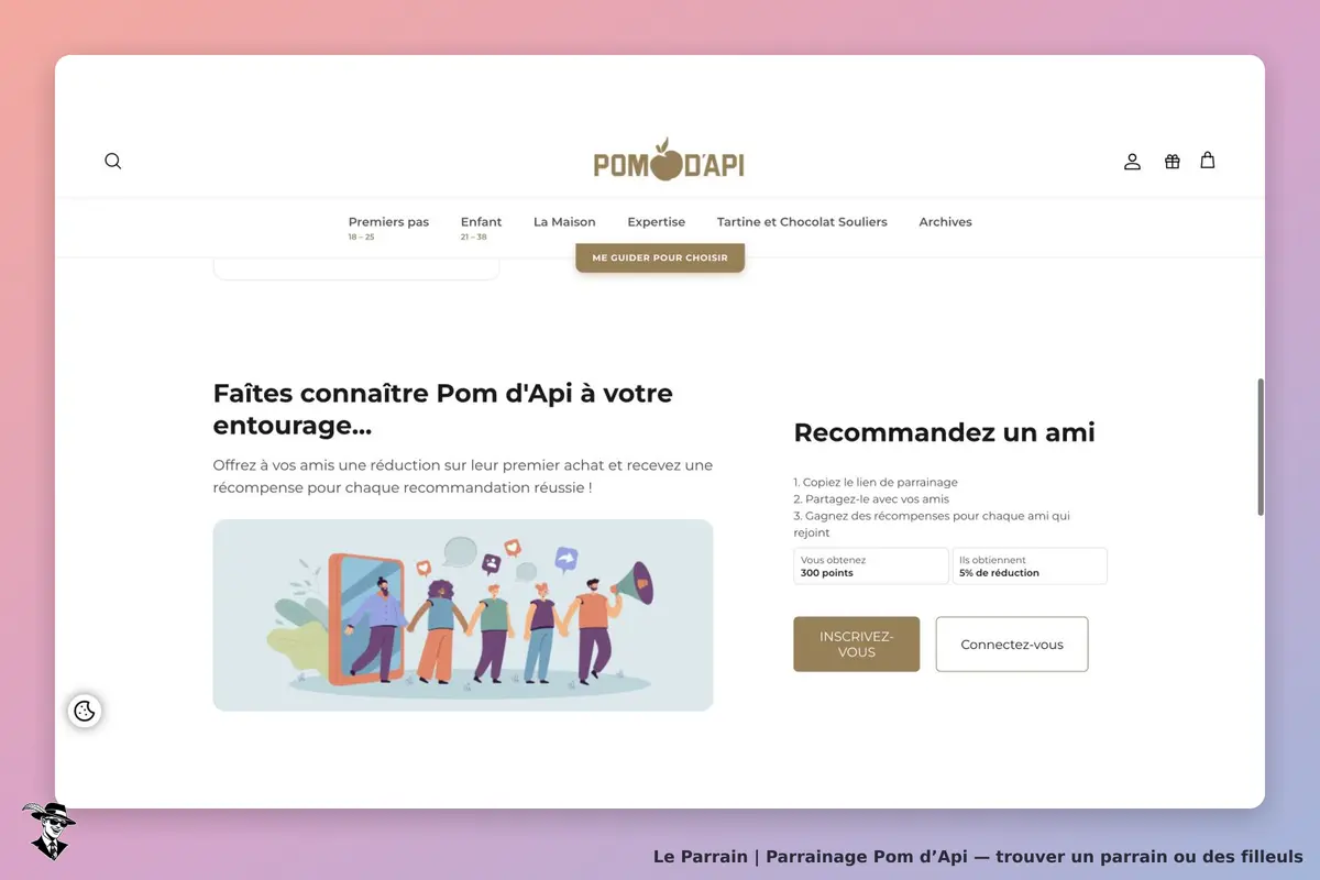 Module officiel Pom d’Api : 300 points pour une recommandation réussie et 5 % de réduction sur le premier achat de l’ami ; formulations relatives à l’ami qui rejoint le programme.