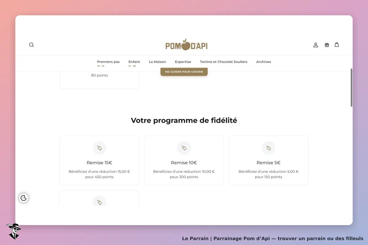 Grille officielle Pom d’Api : échange de 300 points contre une remise de 10 €, distinct d’un versement en argent et des autres paliers affichés.