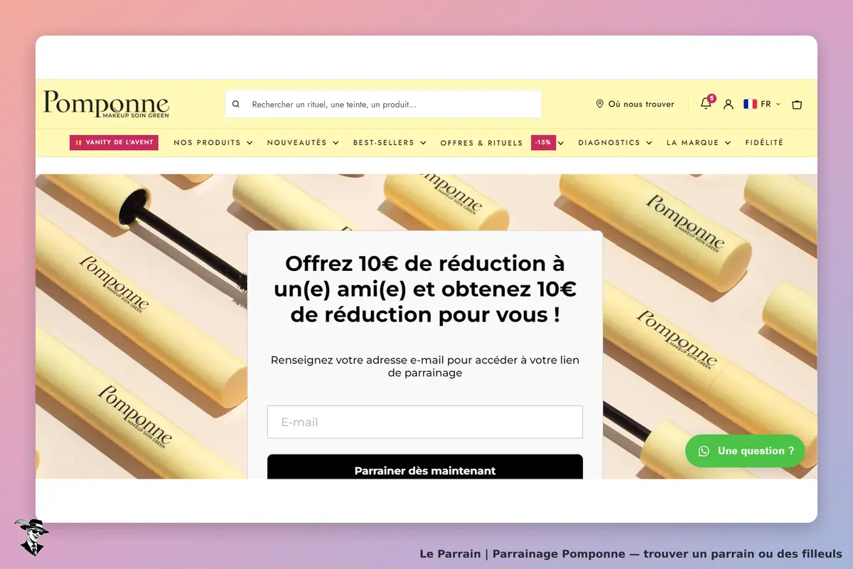Pomponne : page d'accueil avec des produits et un formulaire de parrainage au centre