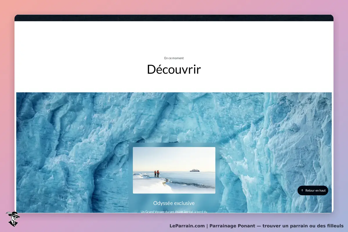 Ponant : page d'accueil avec un visuel de glacier et un encadré sur une odyssée exclusive