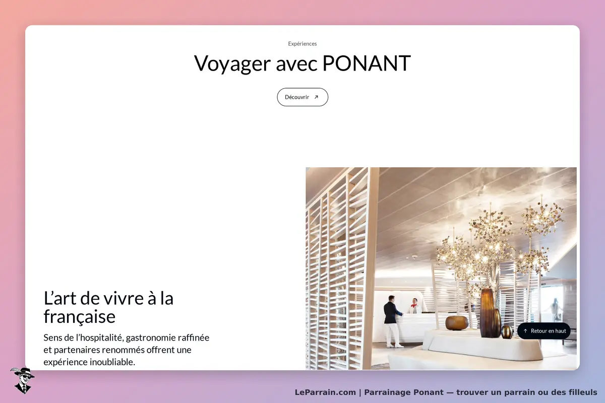 Ponant : page d'accueil présentant l'art de vivre à la française avec un hall élégant