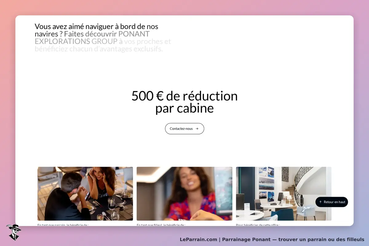 Ponant : section inférieure de la page avec texte et images de personnes et d'intérieurs