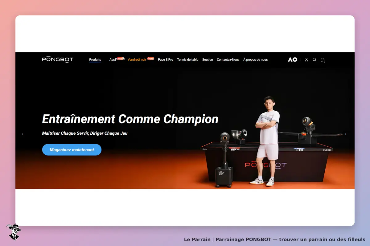 PONGBOT : page d'accueil avec un joueur de tennis de table et des équipements d'entraînement