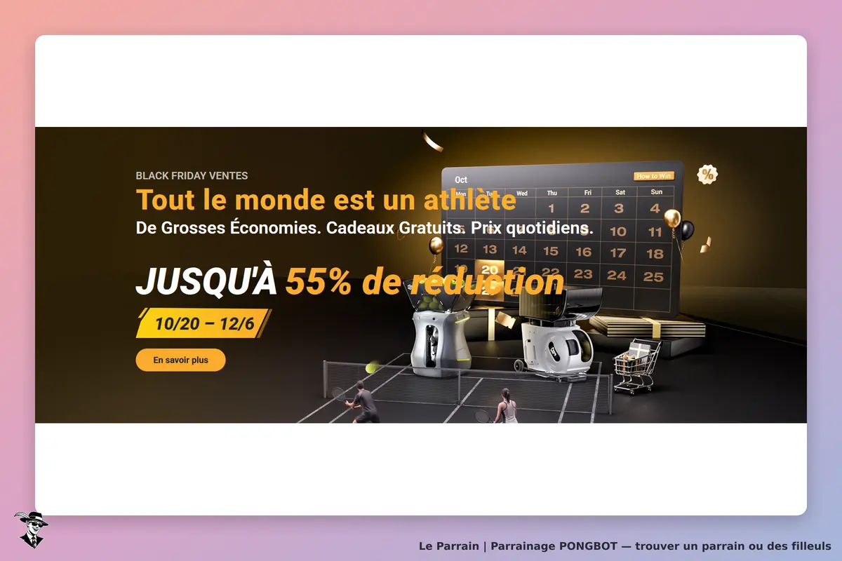 PONGBOT : page d'accueil avec promotions, calendrier et produits sportifs en arrière-plan