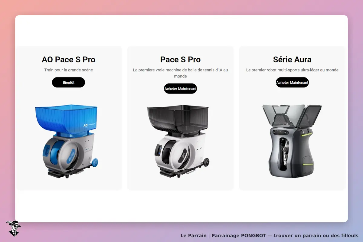 PONGBOT : trois machines de tennis avec descriptions et boutons d'achat sur fond clair